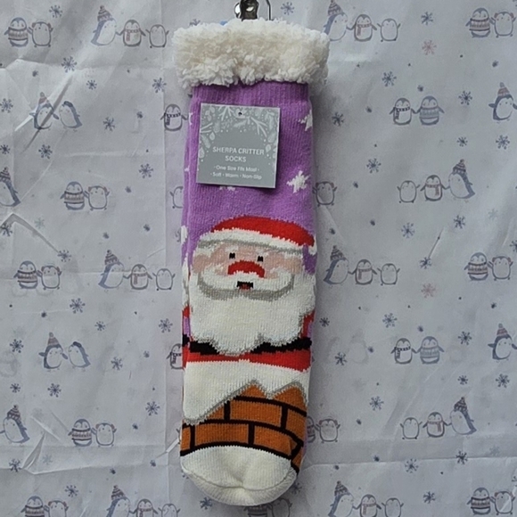 Santa Claus Coming Down A Chimney. Sherpa Lined Socks - Picture 2 of 5